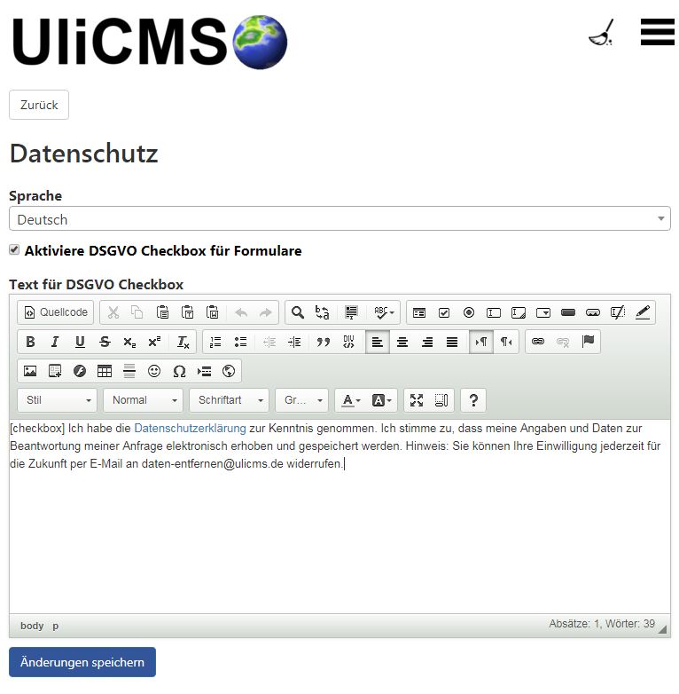 UliCMS DSGVO Checkbox Konfiguration Einstellungen Beispiel Screenshot